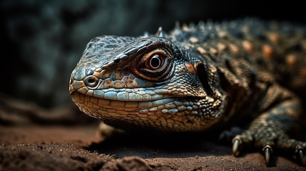 A lizard with blue eyes and a black head