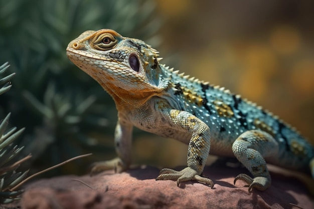 A lizard with a blue head sits on a rock.