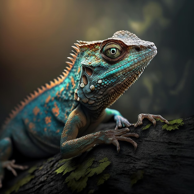 A lizard with a blue and red tail sits on a branch.