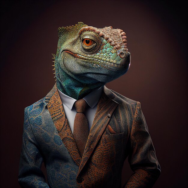 A lizard with a brown head and orange eyes is wearing a suit.