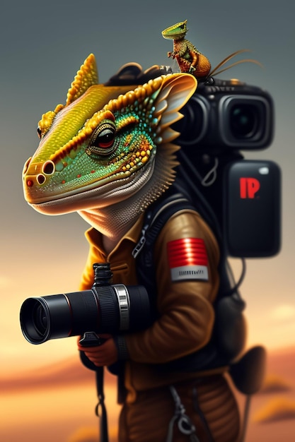 A lizard with a camera on his back