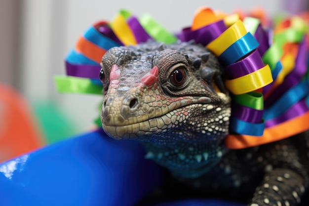 a lizard with colorful ribbons around its neck