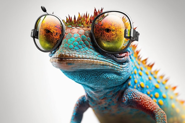 Lizard with glasses on head and eyes looking at the camera generative ai