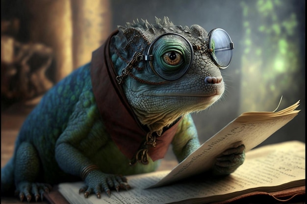 Photo a lizard with glasses reading a book with a book titled glasses.