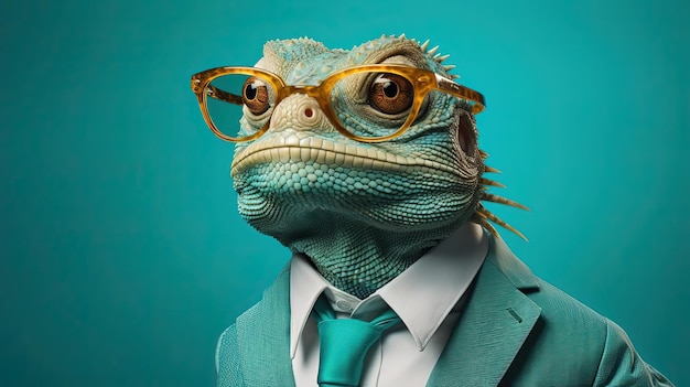 A lizard with glasses sitting on top of a background