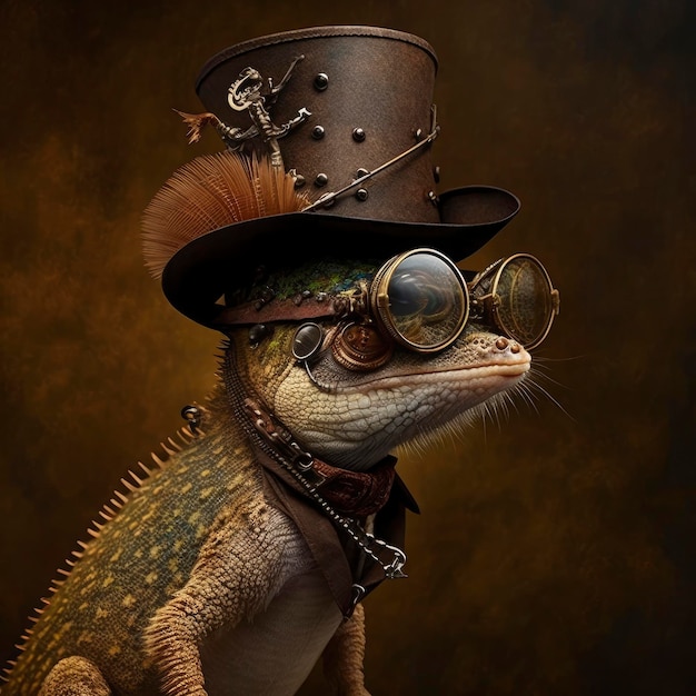 A lizard with a hat and steampunk glasses steampunk