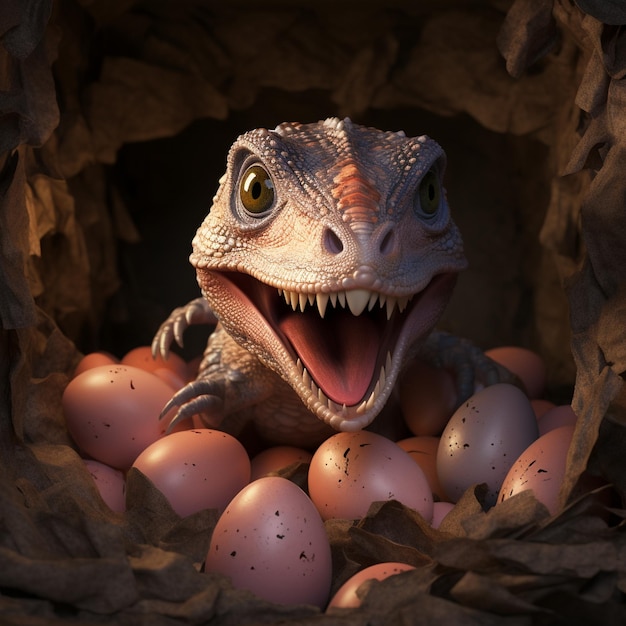 a lizard with an open mouth is in a nest of eggs.