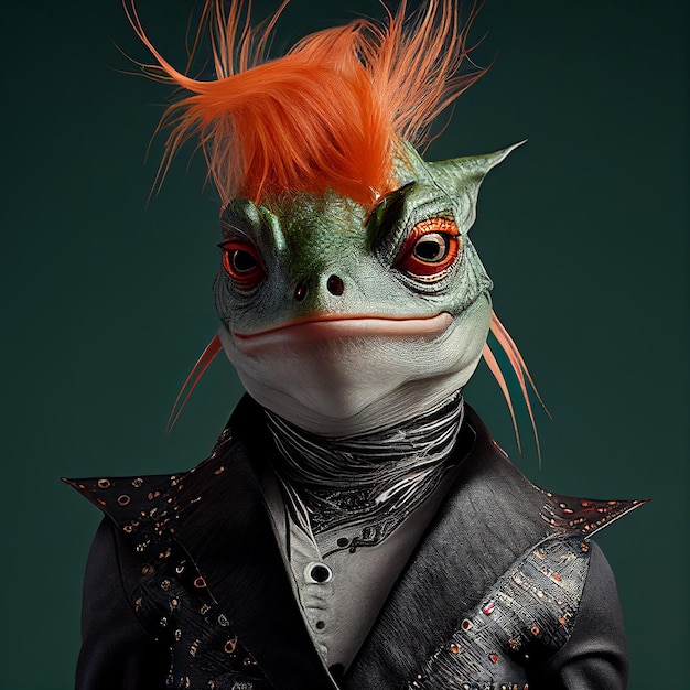 A lizard with orange hair and a bow tie is wearing a jacket and a vest.