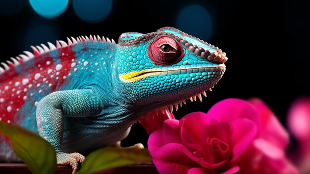 a lizard with a red eye and a yellow beak is sitting on a pink flower.