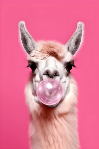 A llama blowing a bubble gum