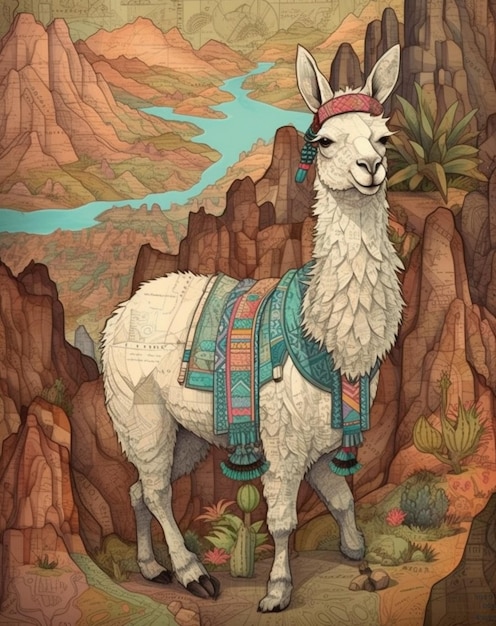 A llama in a canyon with a mountain in the background.