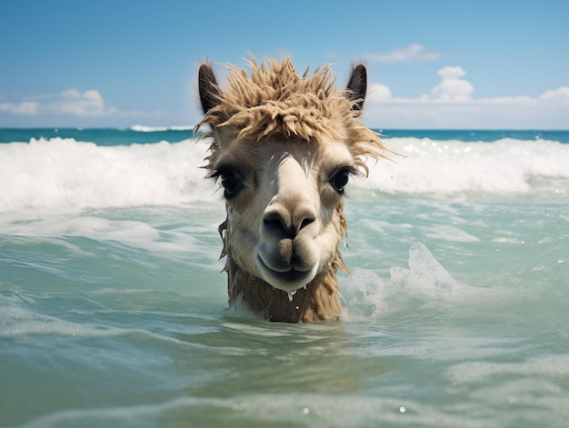 A llama emerging from a wheat field