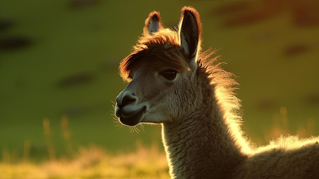 A llama in a field with the sun shining on its face