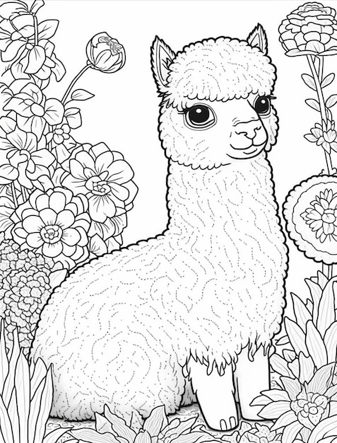 Photo a llama in the flowers coloring page generative ai