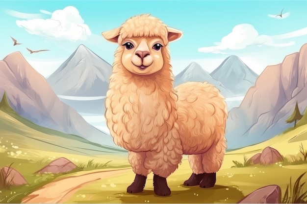 llama in nature Drawn cartoon animal illustration Generative ai