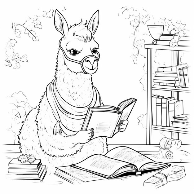 Photo a llama reading a book while sitting at a table generative ai