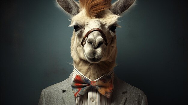 Photo a llama in small bow tie and vest ar background