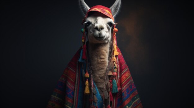 Photo a llama in small festive poncho ar wallpaper