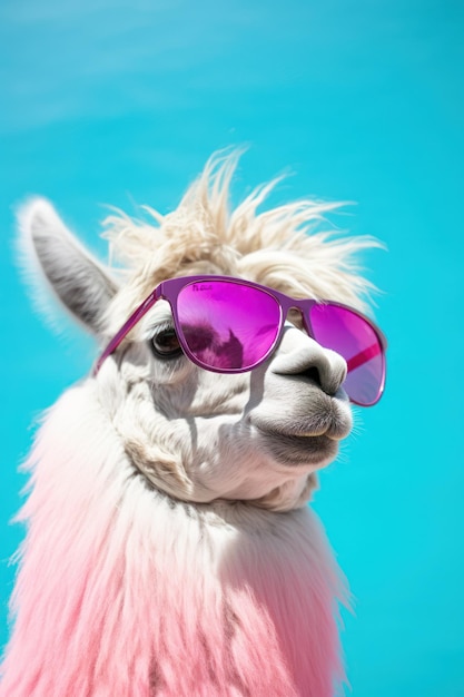 A llama sporting some cool shades and set against a solid pastel backdrop