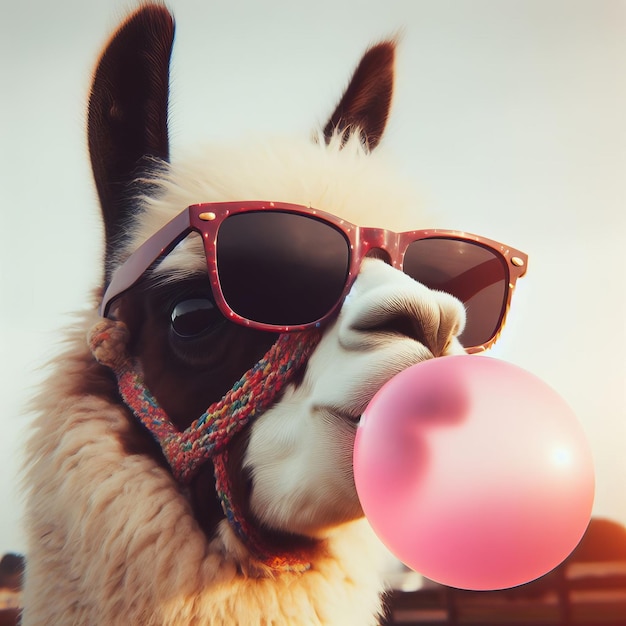 Foto il lama con gli occhiali da sole soffia gomma da masticare rosa.