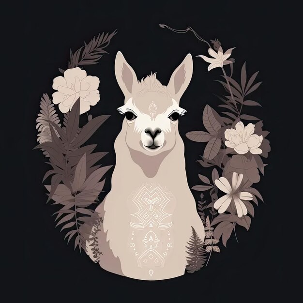 A llama surrounded by flowers and leaves