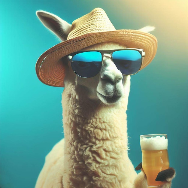 A llama wearing a hat and sunglasses holds a glass of beer.