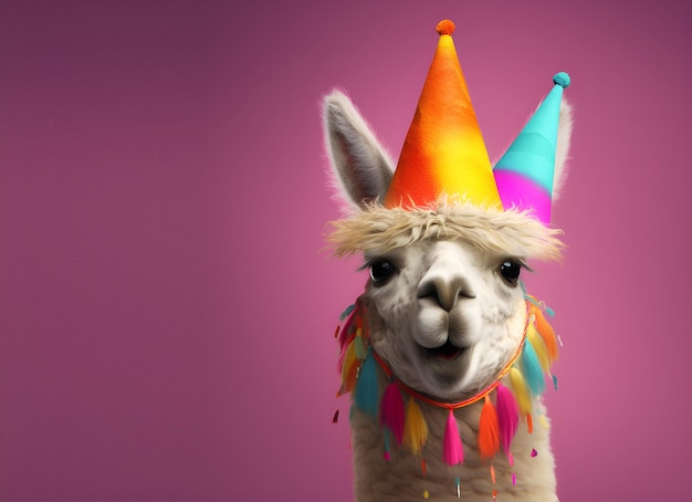 A llama wearing a party hat and a party hat.