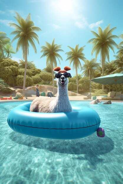 Llama wearing sunglasses on a float swimming in the pool