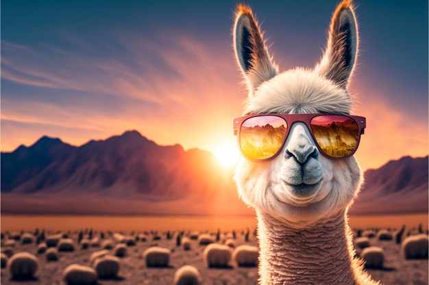 A llama wearing sunglasses and a pair of sunglasses stands in front of a mountain range.