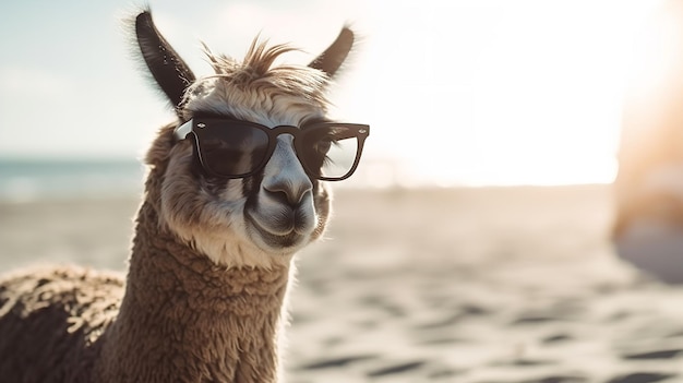 A llama wearing sunglasses sits on a beach