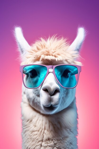 Photo a llama wearing sunglasses stands out against a vibrant pink background this image is perfect for adding a fun and playful touch to any project