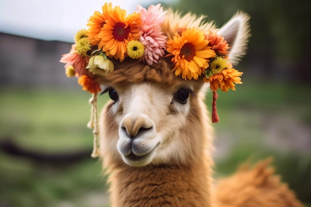 a llama with a flower crown on its head