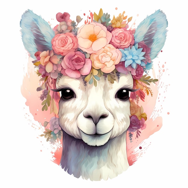 a llama with flowers on its head.