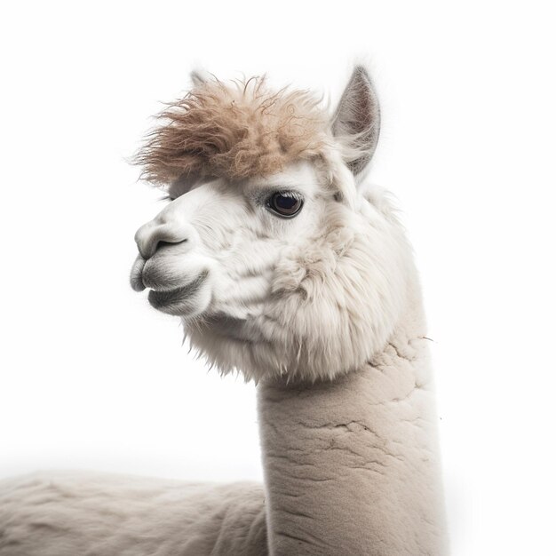 A llama with a fuzzy head and a white background.