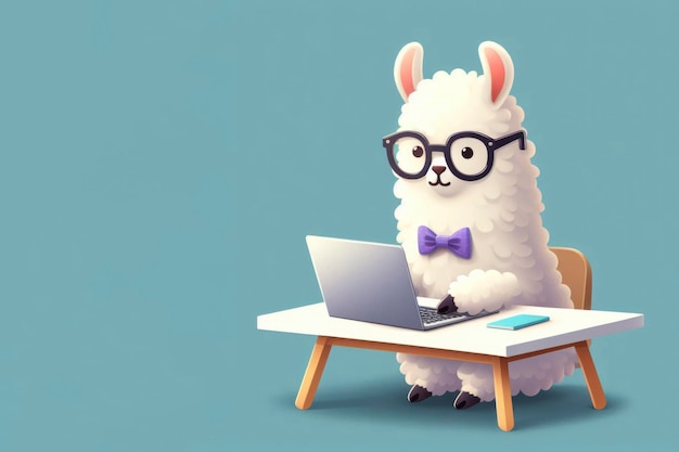 llama with laptop on solid background ai generative