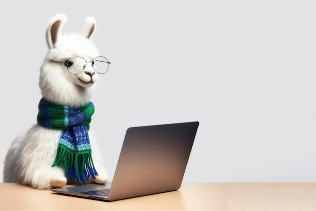 of a llama with laptop on solid background ai generative