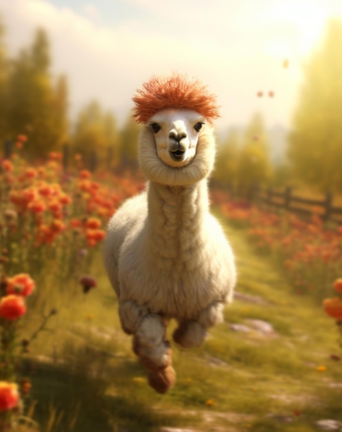 A llama with a red bow on its head runs through a field of flowers.