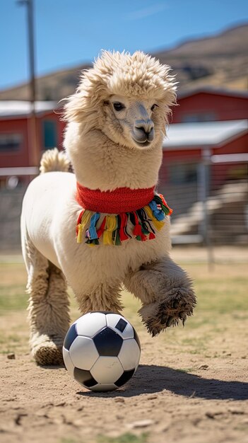 Photo a llama with a scarf on its neck is playing soccer