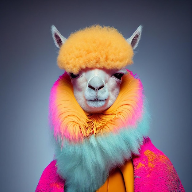 A llama with a scarf that has a fur collar on it