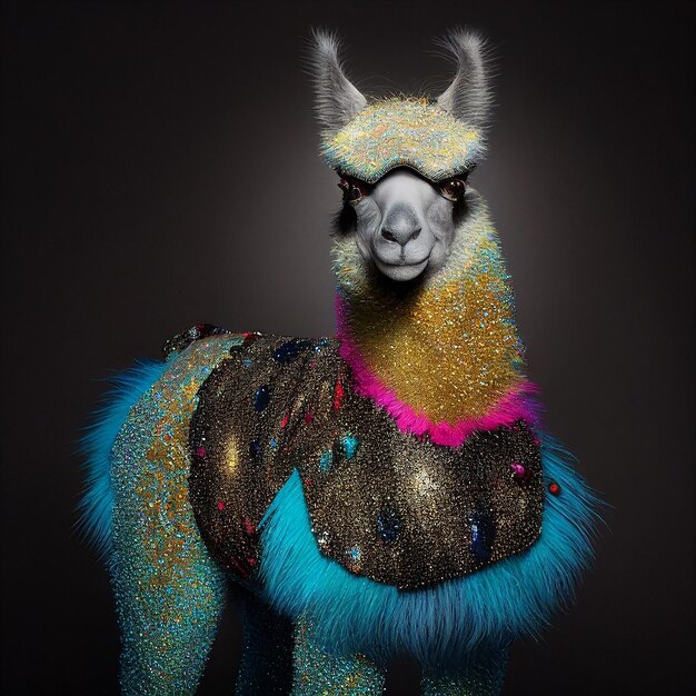 A llama with sequins on it is wearing a blue and gold outfit.