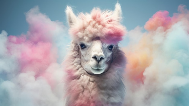 Photo a llama with vibrant pink hair surrounded by a mesmerizing cloud of smoke