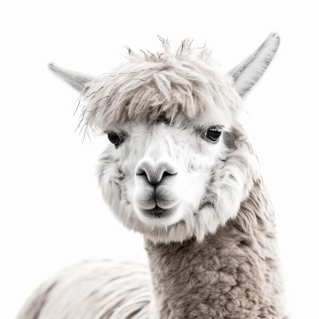 A llama with a white face and a black nose.