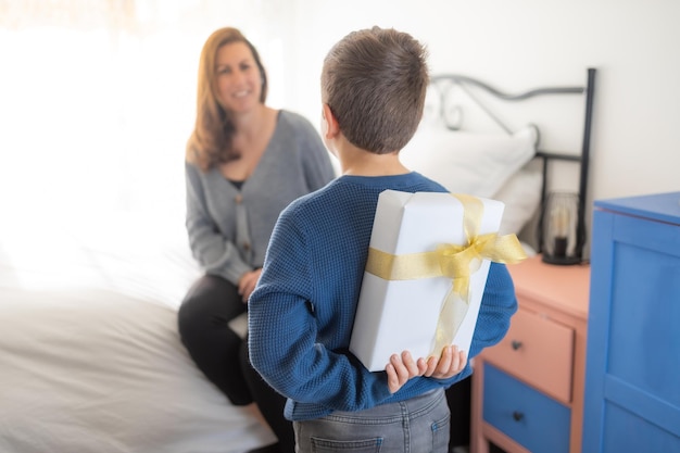 Llittle boy hiding a gift for his mother on mothers day