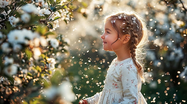 Llittle girl enjoying view of blossoming trees and falling petals AI generated