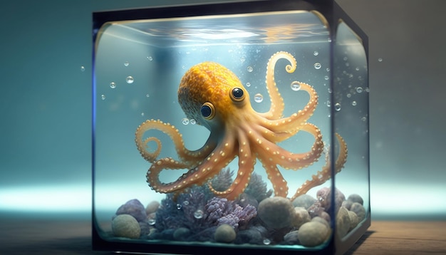 Llittle octopus small cubic fish tank image Ai generated art