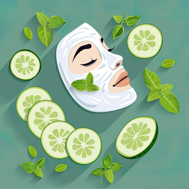 写真 やかな背景に鮮やかな緑色のライムスライスで飾られたイラストレーションされた顔面マスク