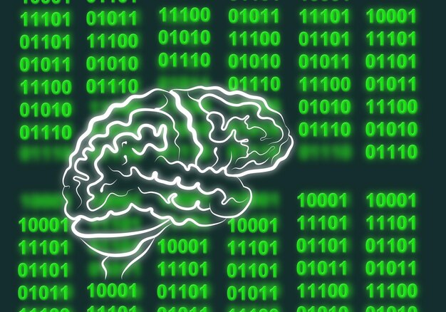 디지털 컴퓨터 녹색 이진 행렬 코드 및 도식적인 인간 뇌 그림의 그림