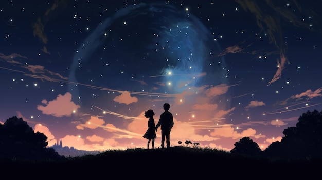 llustration of a Girl and Boy in Silhouette Gazing at Each Other Under the Glow of the Moon