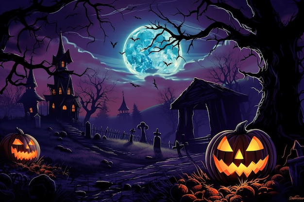 llustration halloween-dorp met enge pompoen halloween-achtergrond