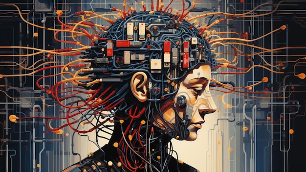 AI生成された回路で作られた頭を持つ男性のイラスト